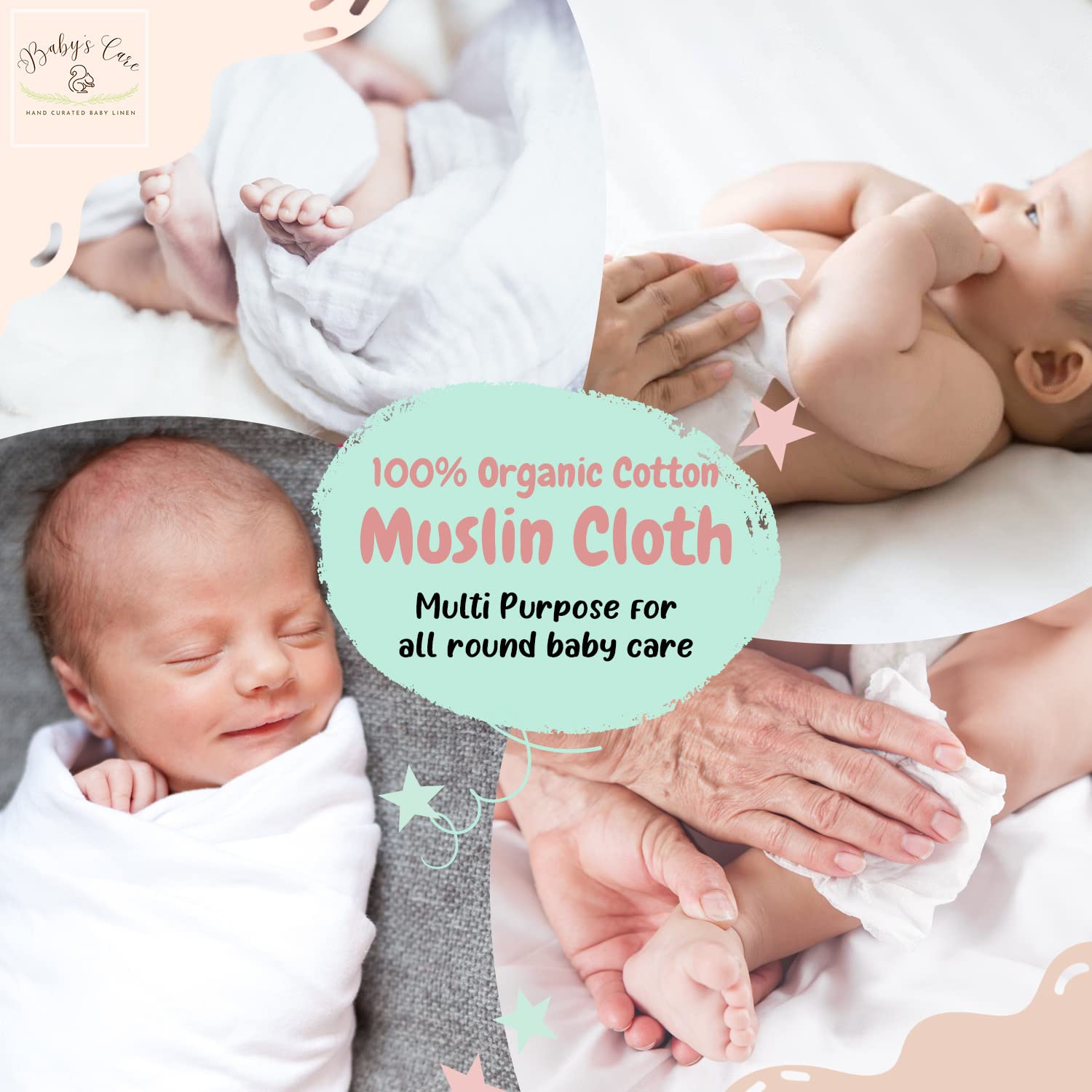 BABYS CARE Muslin Burp Cloth Pack of 5 | 100% Organic Cotton | Versatile Use Washcloth Face Cloth Cleaning Mess | Lightweight Baby Towel | Handy for Changing Cleaning Feeding Baby | 26"x26" | Rainbow - Image 9